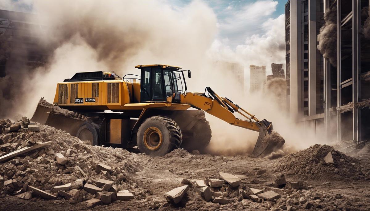 A visual representation of a building being demolished, showing various heavy machinery and dust clouds arising from the demolition process.