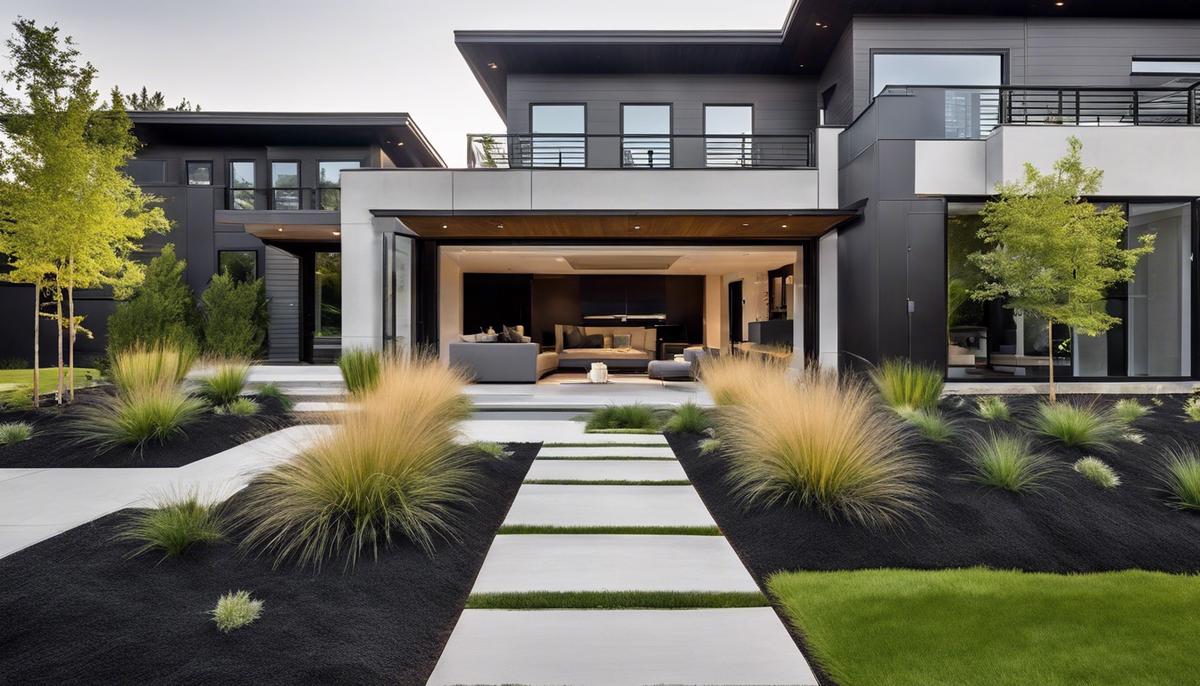 A modern landscape with symmetrical shrubs, ornamental grasses, and sleek hardscaping, all in a monochrome palette.