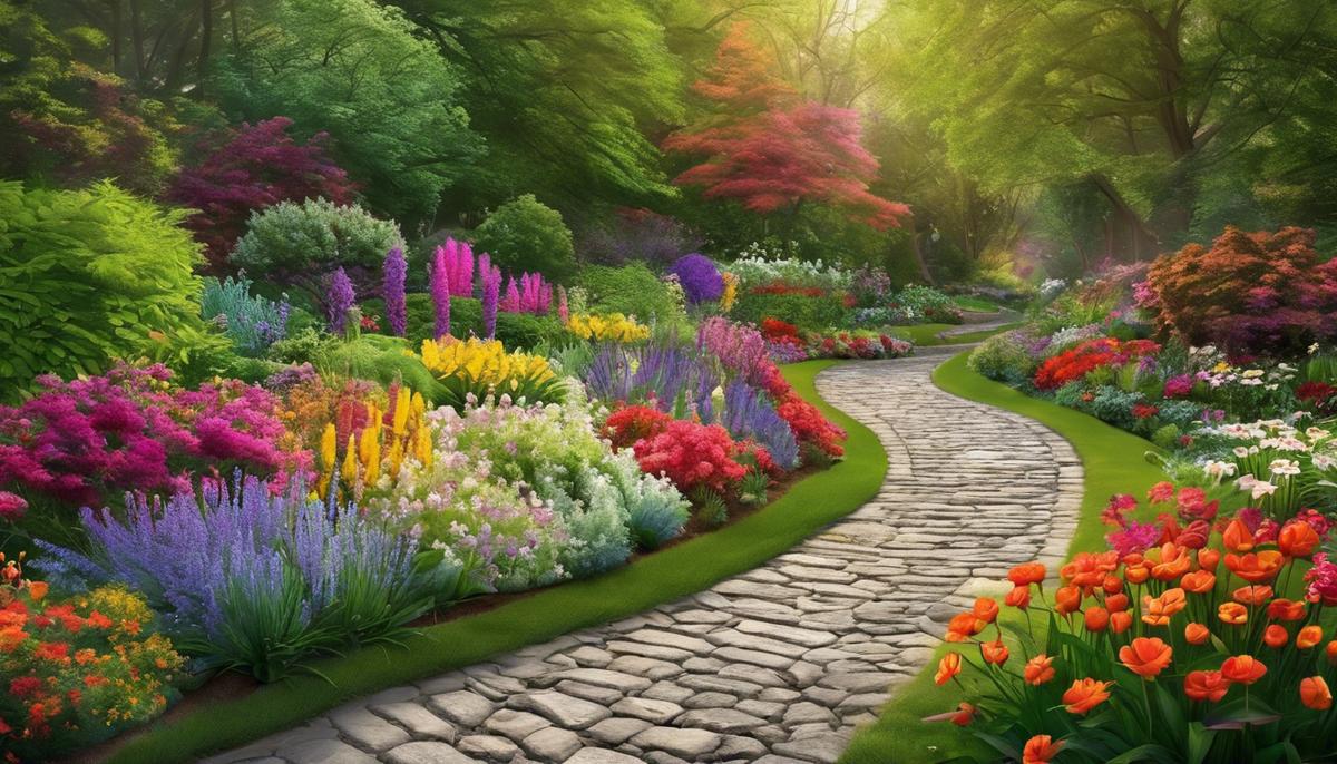 A whimsical garden with colorful flowers and a meandering cobblestone pathway